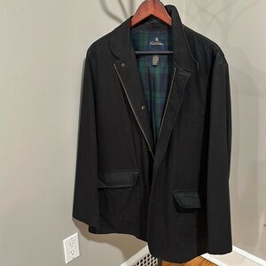 Men’s large black jacket with brown collar and plaid lining.